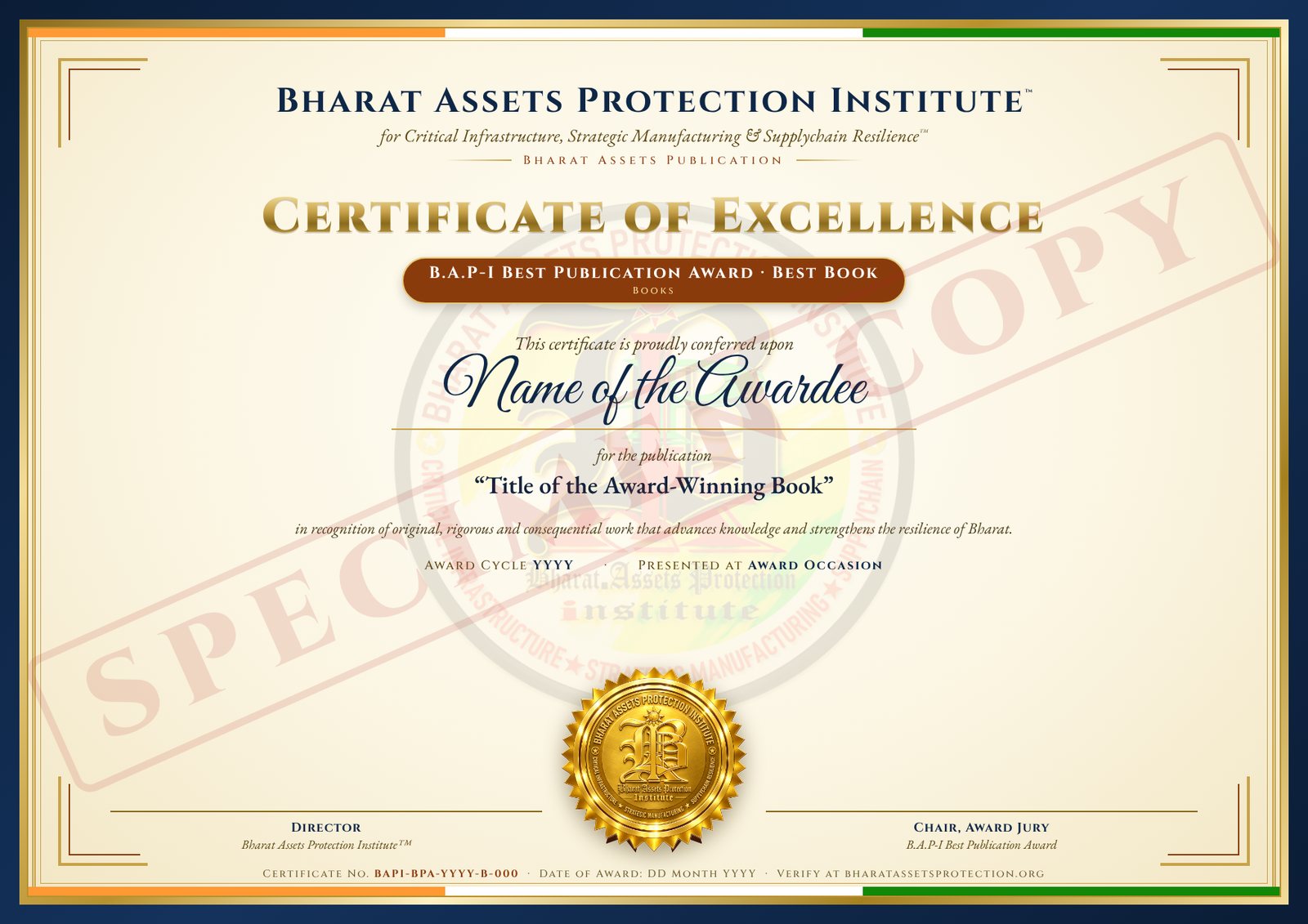 Best Book award certificate (specimen)