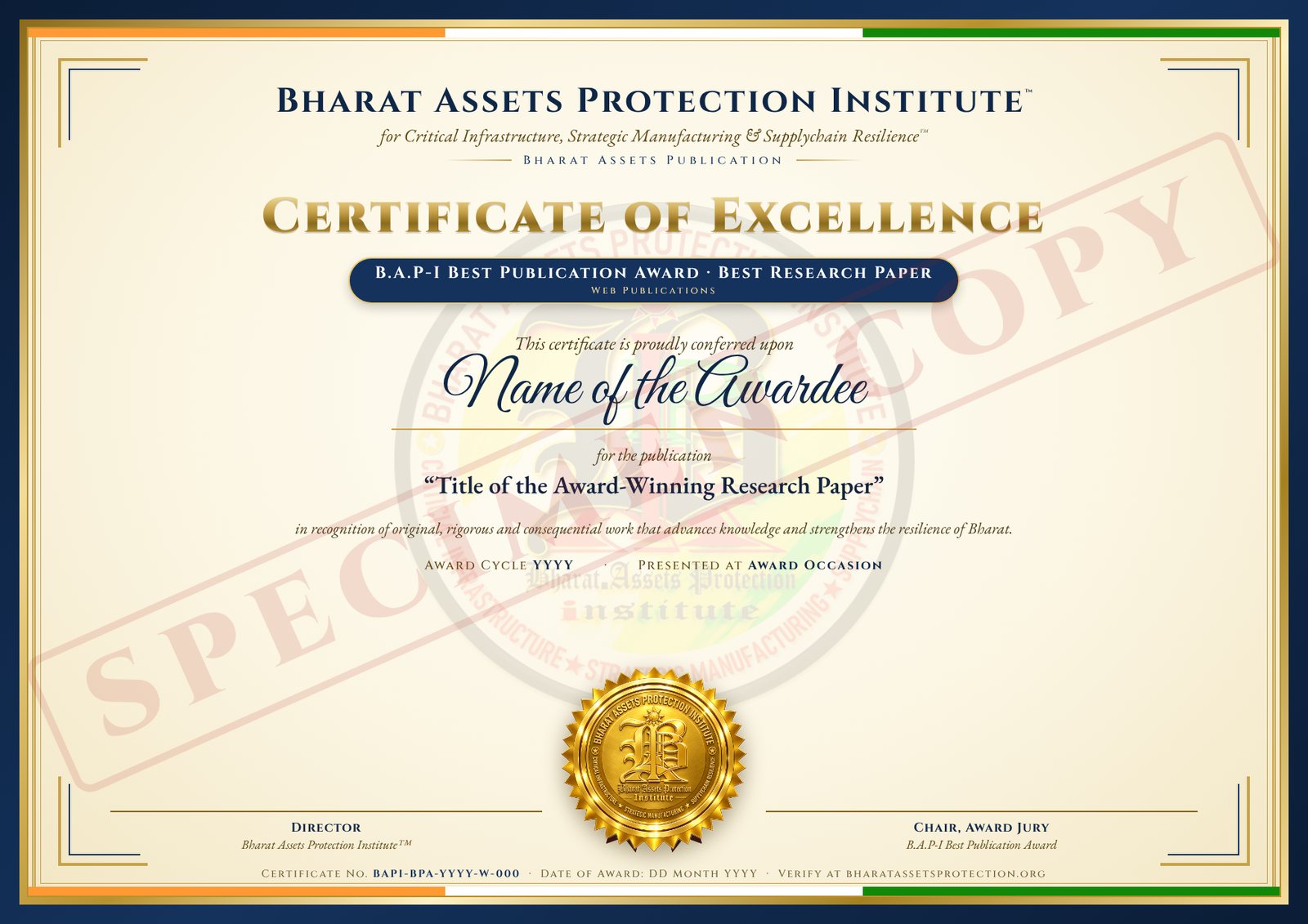 Best Research Paper award certificate (specimen)